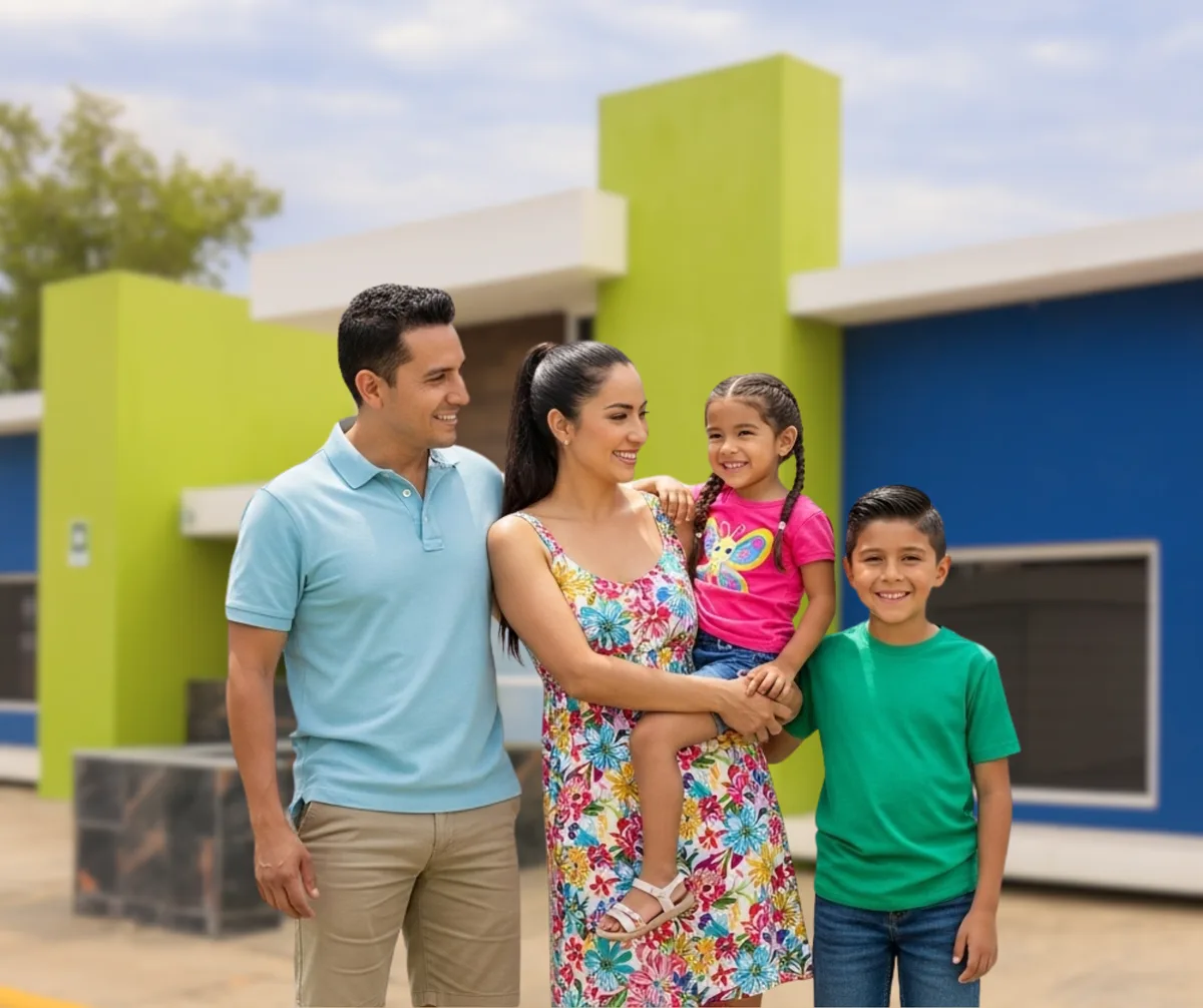 Una familia sonriendo frente a la fachada azul y verde de LAANCICO