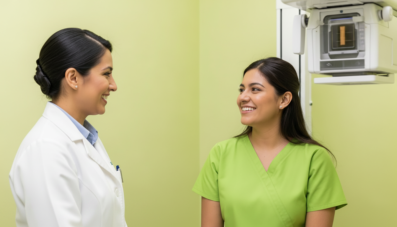 Doctora y técnica conversando en la sala de mamografía